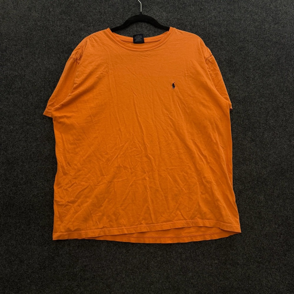 Vintage 90s Polo Ralph Lauren Orange T-Shirt Mens Large Navy Pony USA Made